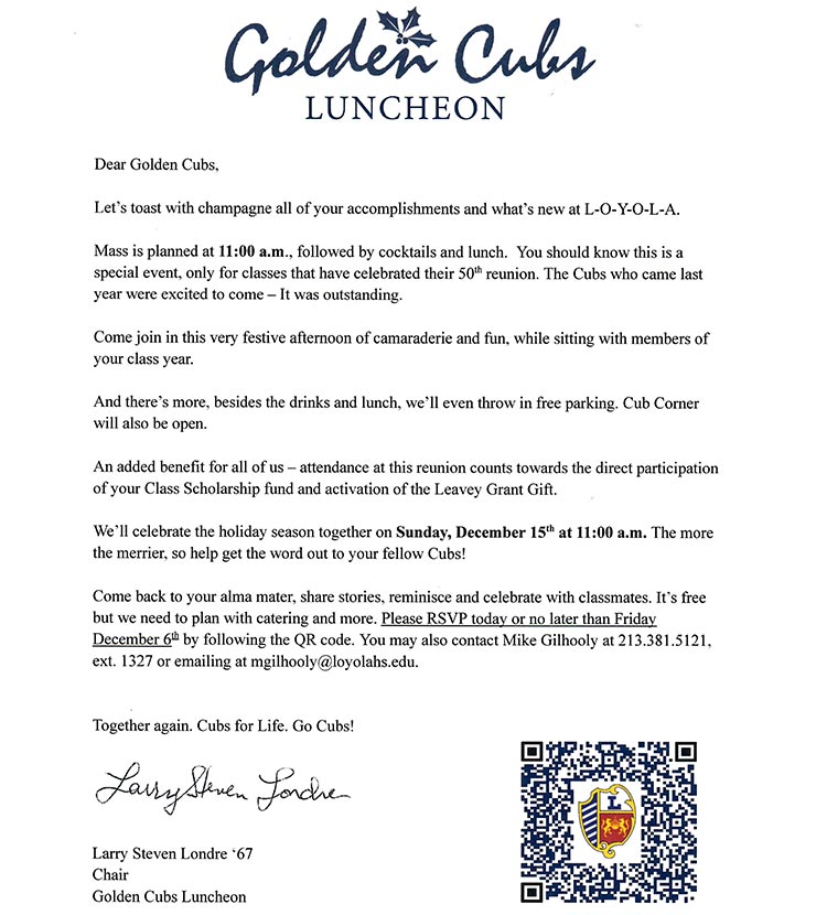 Golden Cubs Luncheon Letter 2024